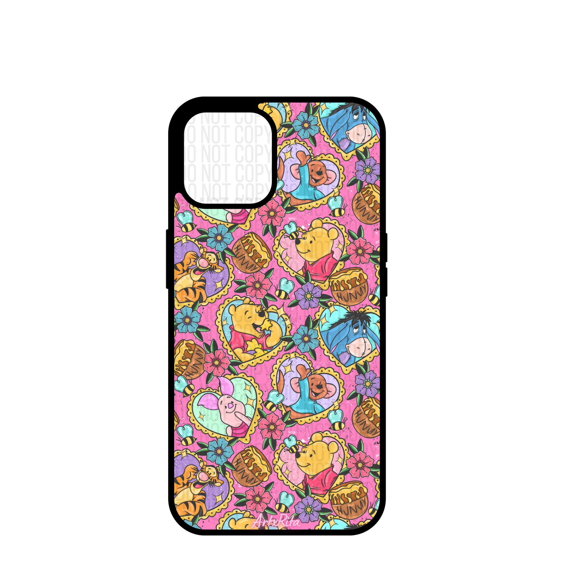 Phone case with colorful cartoon pattern on a pink background