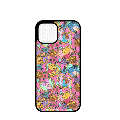 Phone case with colorful cartoon pattern on a pink background