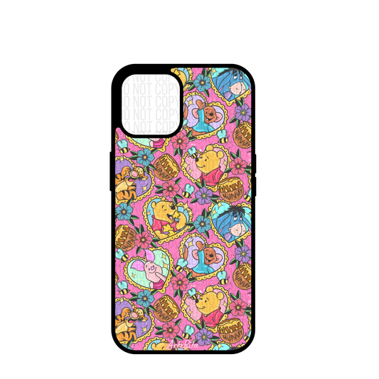 Phone case with colorful cartoon pattern on a pink background