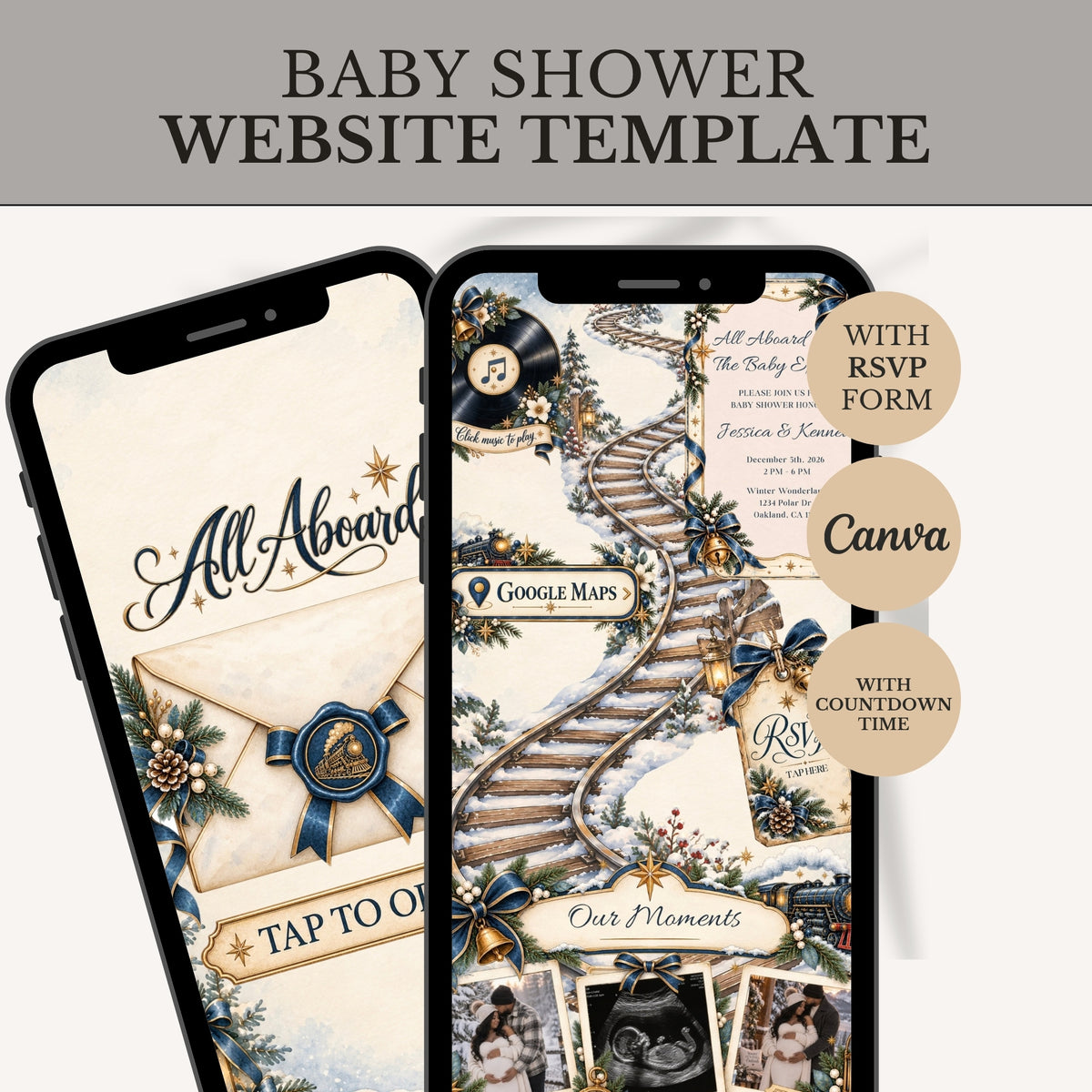 Baby Express Baby Shower Website Invitation, Canva Editable Template