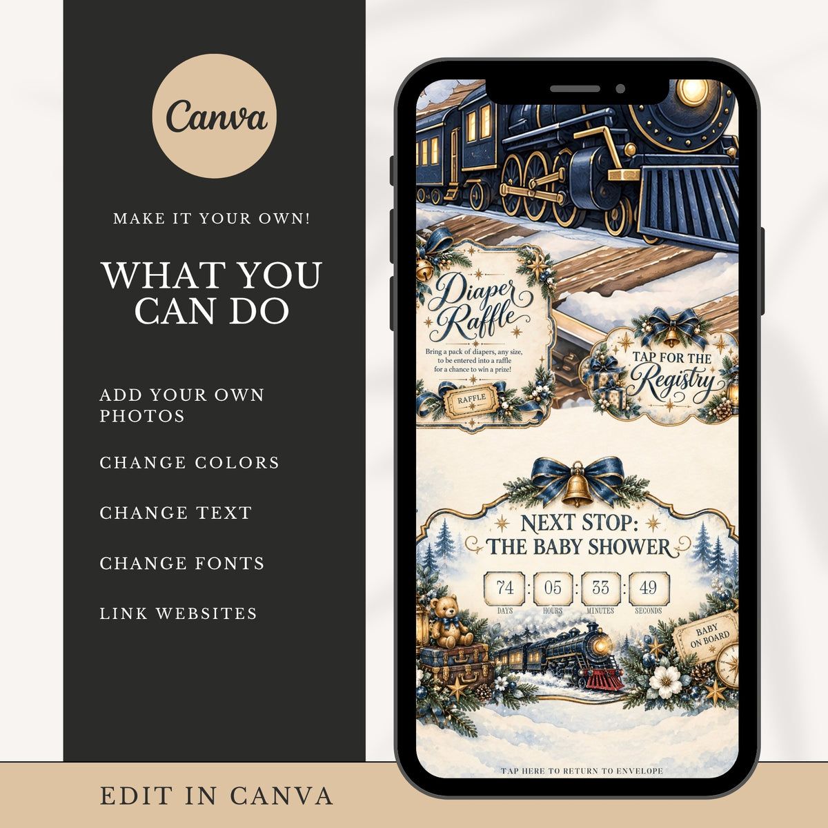 Baby Express Baby Shower Website Invitation, Canva Editable Template